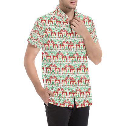 Swedish Dala Style Pattern Men's Short Sleeve Button Up Shirt