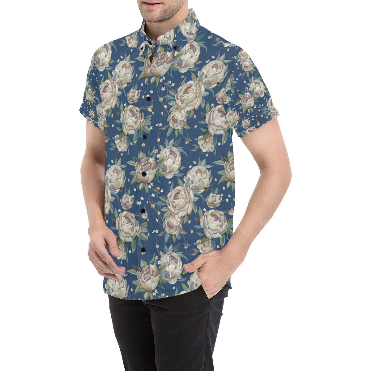 Peony Pattern Print Design A03 Men's Short Sleeve Button Up Shirt