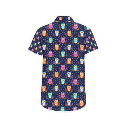 Owl Cute Themed Design Print Men's Short Sleeve Button Up Shirt