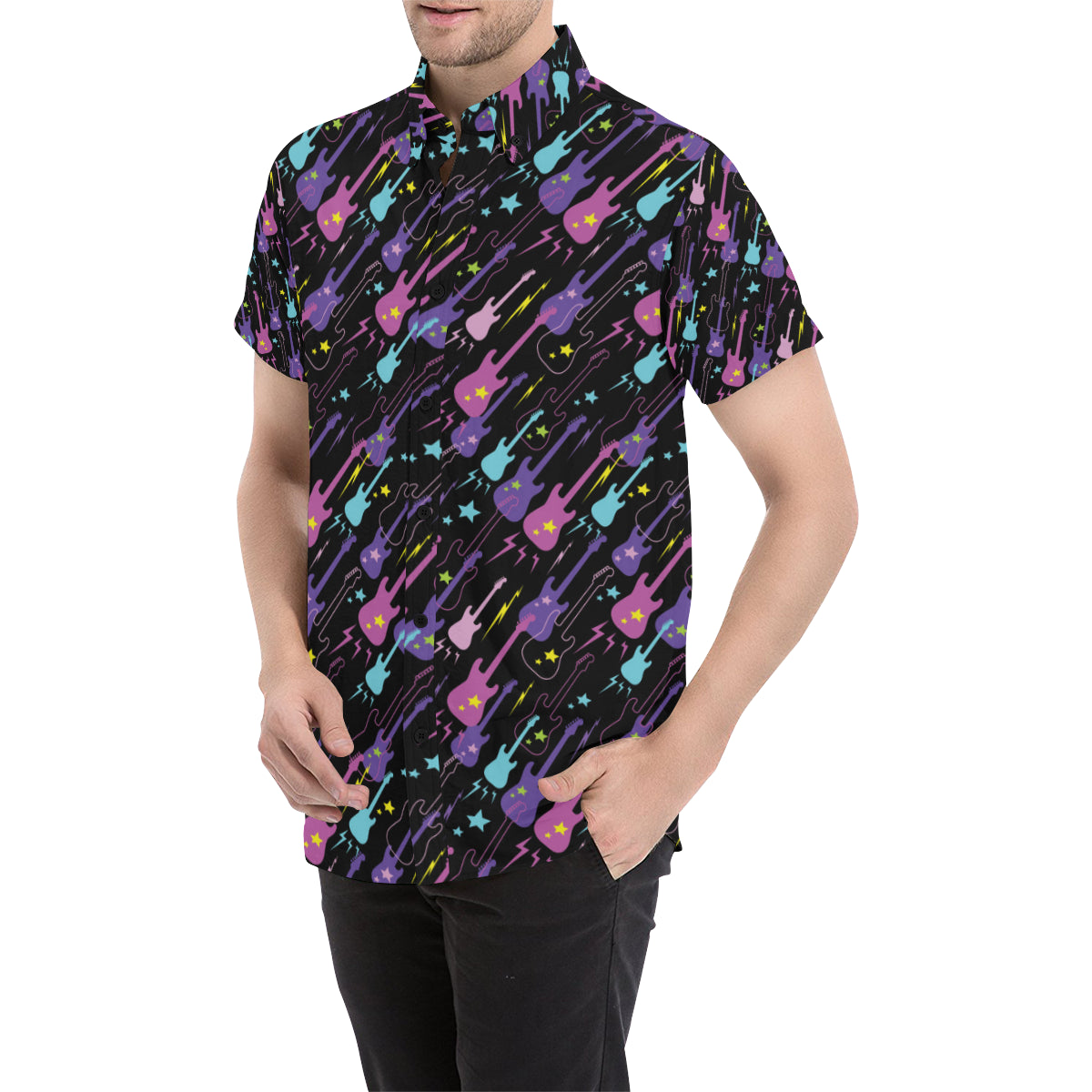Electric Guitar Pattern Print Design 02 Men's Short Sleeve Button Up Shirt