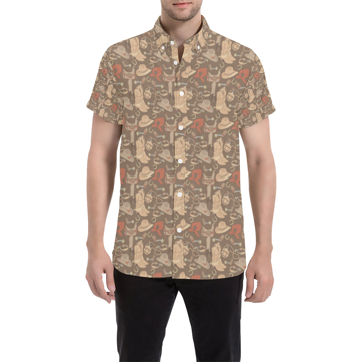 Cowboy Pattern Print Design 02 Men's Short Sleeve Button Up Shirt