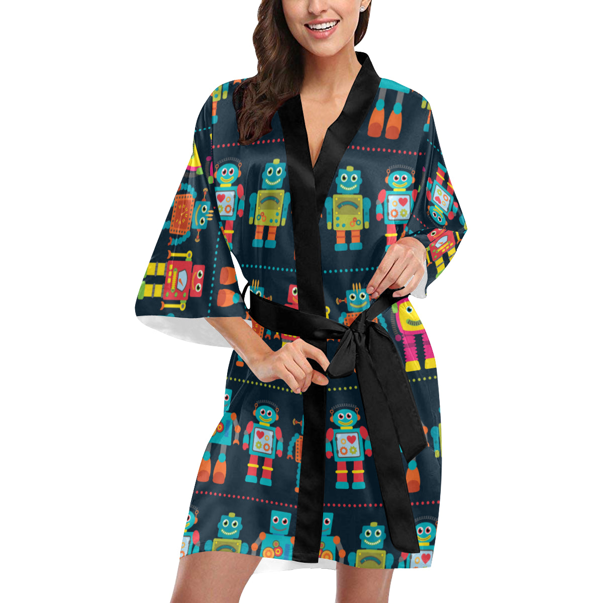 Robot Pattern Print Design A01 Women's Short Kimono