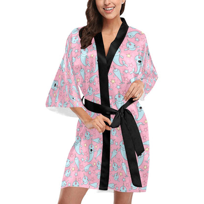 Narwhal Cartoon Cute Print Women's Short Kimono