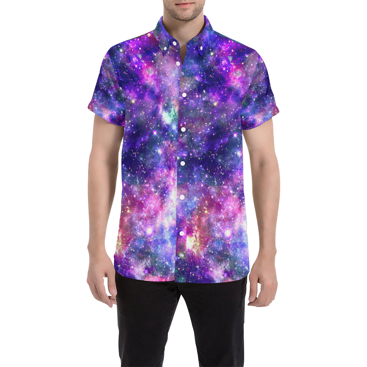 Galaxy Night Stardust Space Print Men's Short Sleeve Button Up Shirt