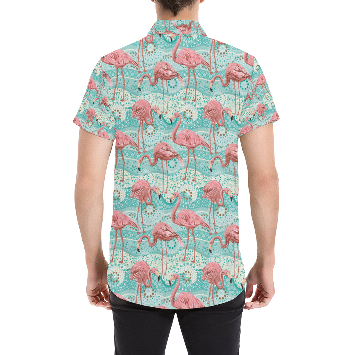 Flamingo Background Themed Print Men's Short Sleeve Button Up Shirt