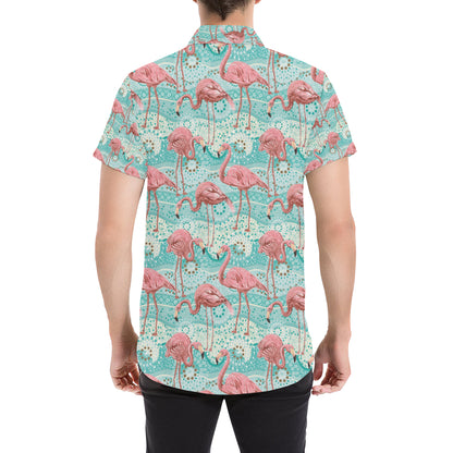 Flamingo Background Themed Print Men's Short Sleeve Button Up Shirt
