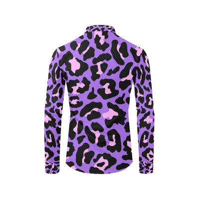 Cheetah Purple Neon Print Pattern Men's Long Sleeve Shirt