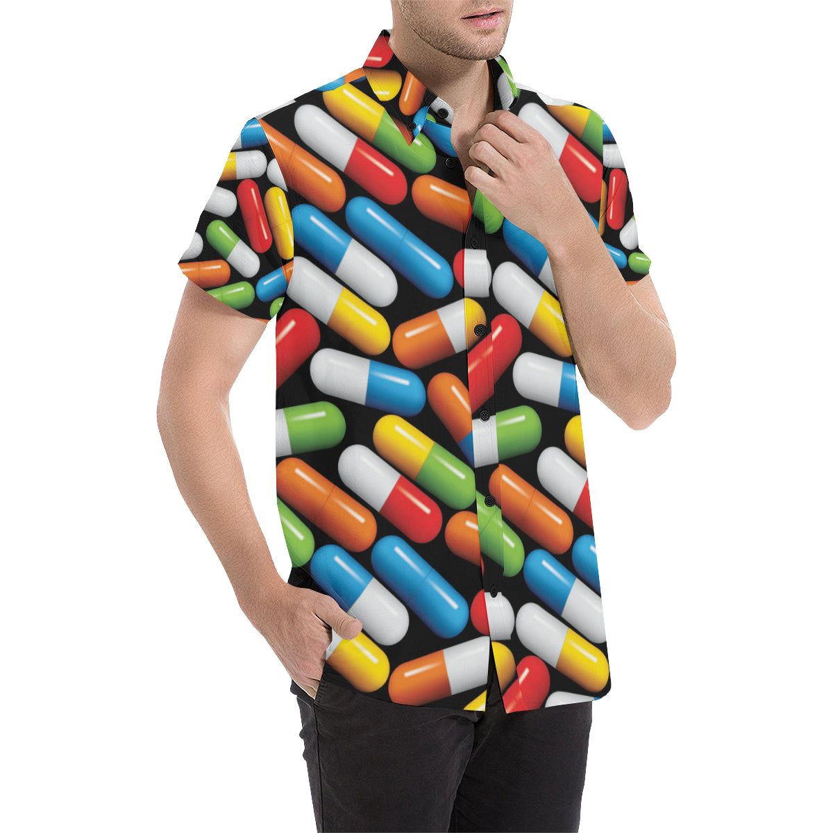 Pill Pattern Print Design A02 Men's Short Sleeve Button Up Shirt
