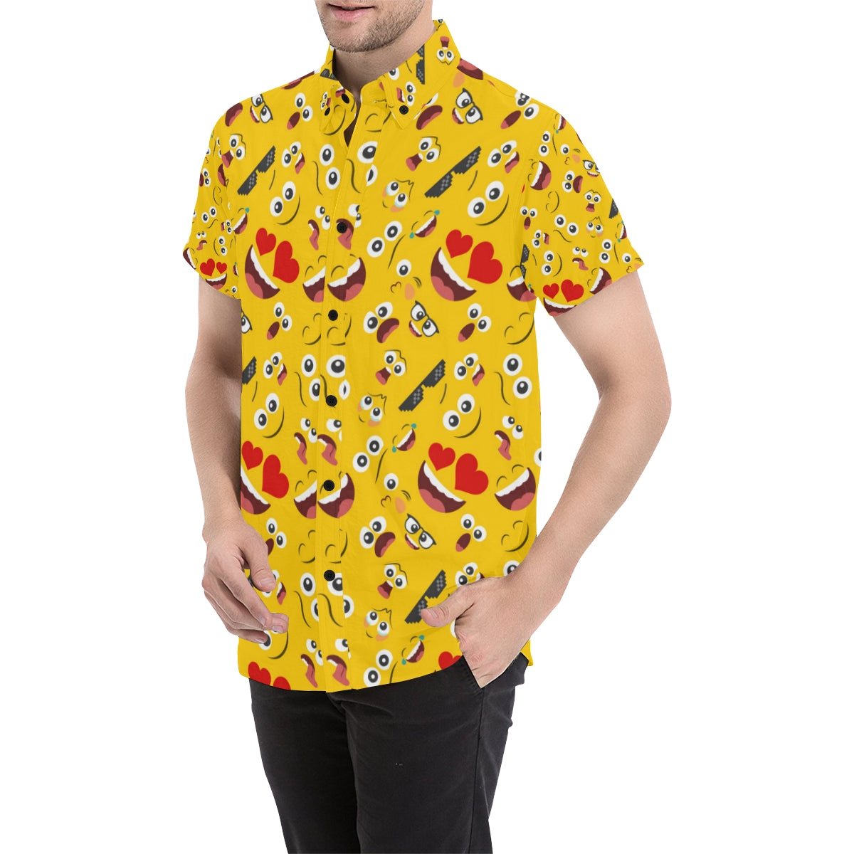 Emoji Face Print Pattern Men's Short Sleeve Button Up Shirt