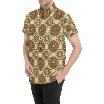 Calendar Aztec Themed Print Pattern Men's Short Sleeve Button Up Shirt