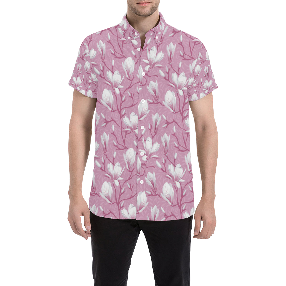 Magnolia Pattern Print Design MAG05 Men's Short Sleeve Button Up Shirt