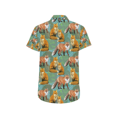 Fox Autumn leaves Themed Men's Short Sleeve Button Up Shirt