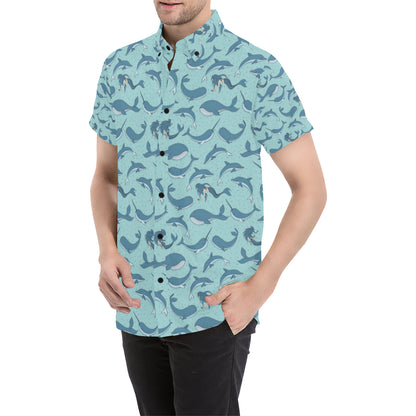 Narwhal Themed Print Men's Short Sleeve Button Up Shirt