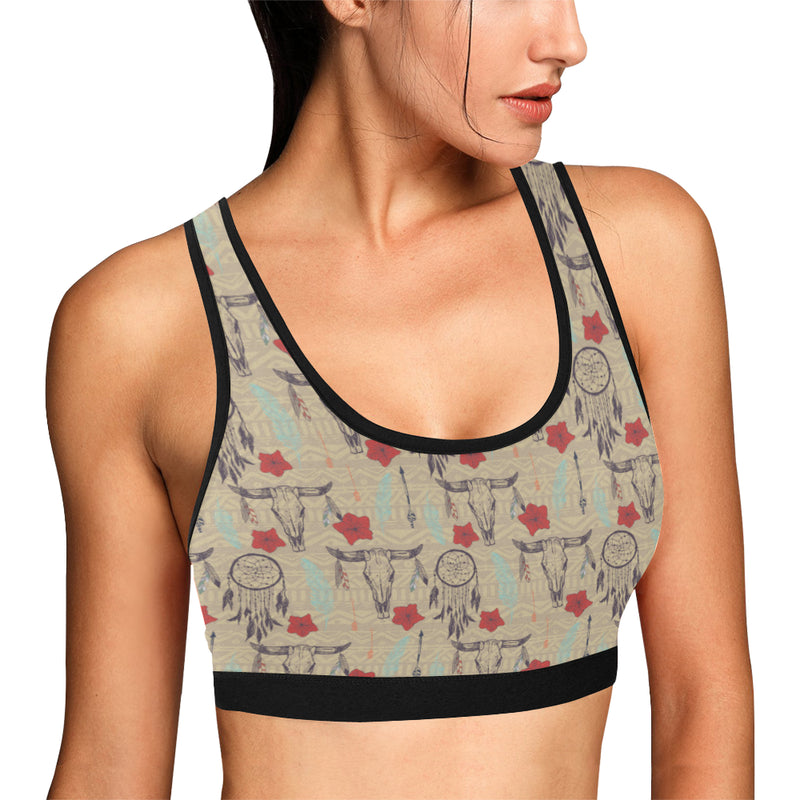 Native Buffalo Head Themed Design Print Sports Bra