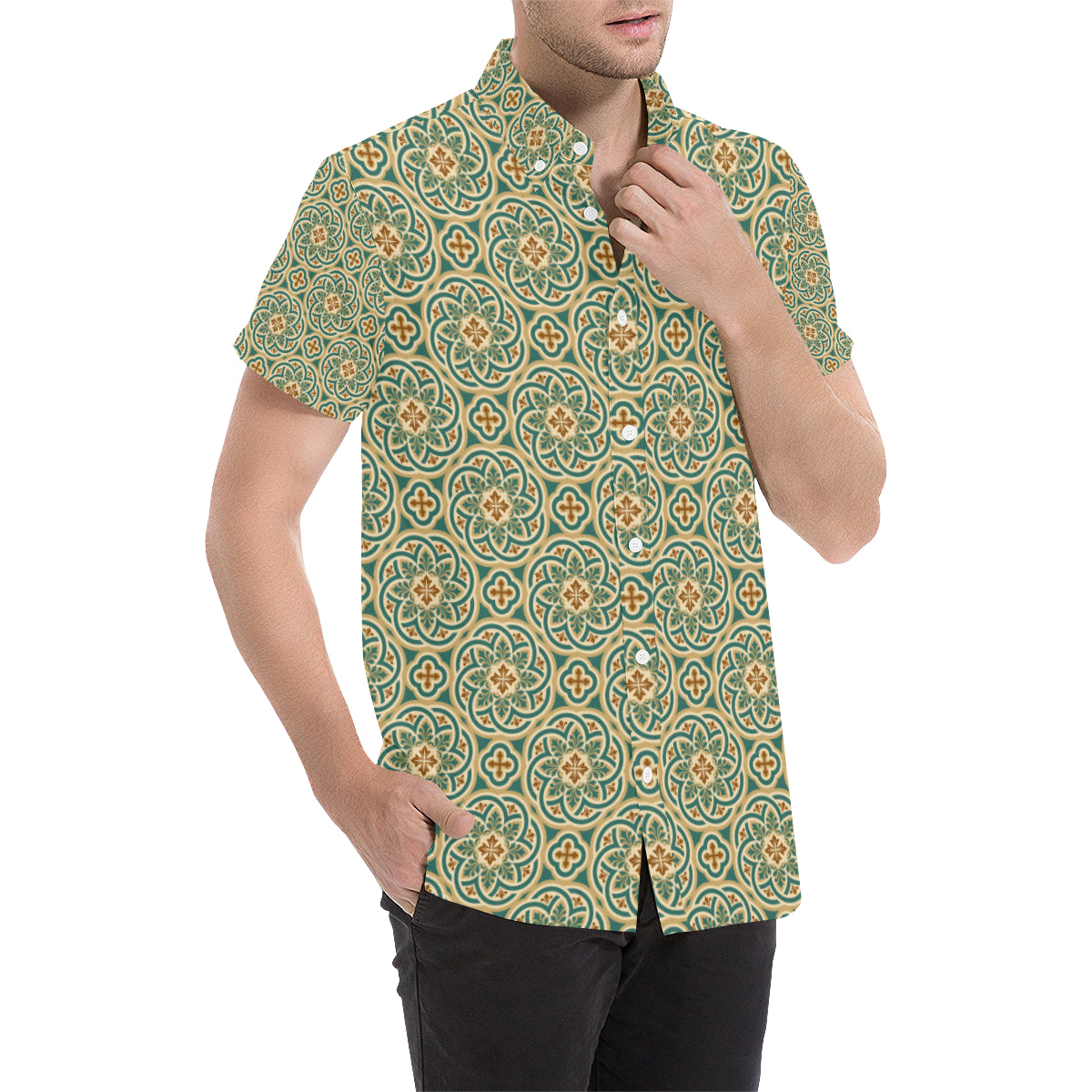 Cross Pattern Print Design 01 Men's Short Sleeve Button Up Shirt