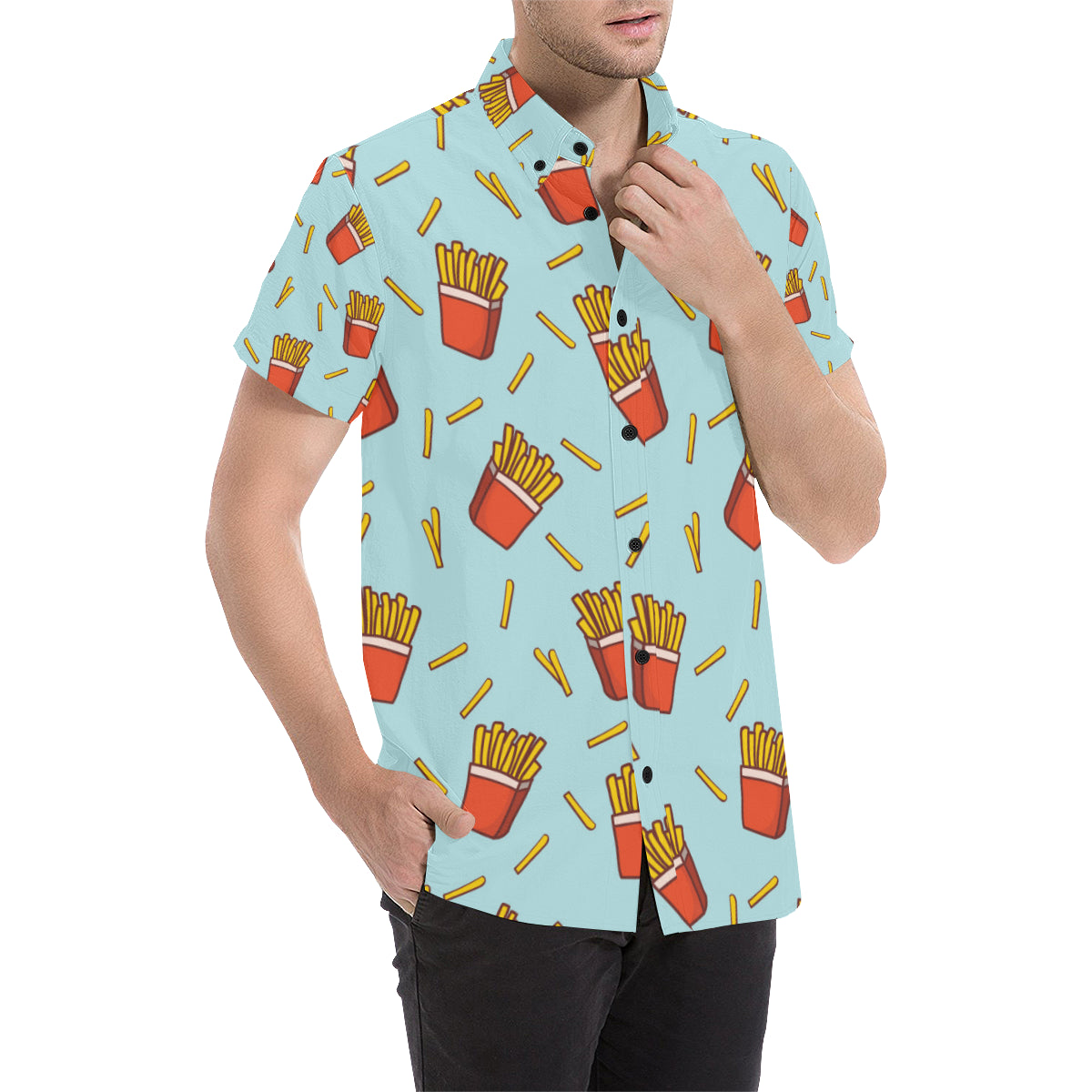 French Fried Pattern Print Design 02 Men's Short Sleeve Button Up Shirt