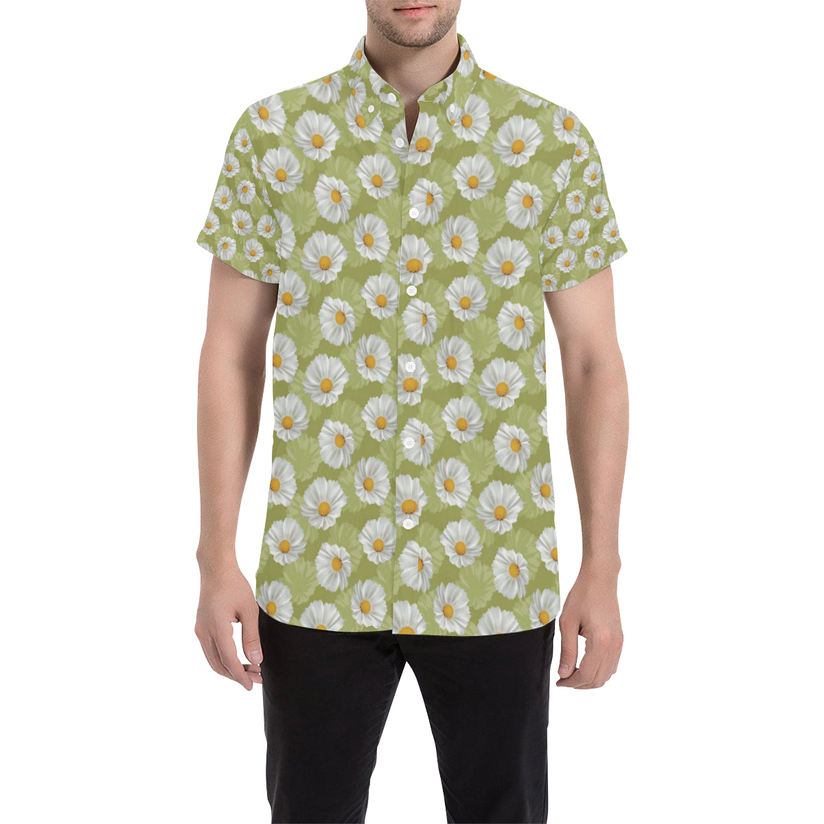 Daisy Pattern Print Design DS06 Men's Short Sleeve Button Up Shirt