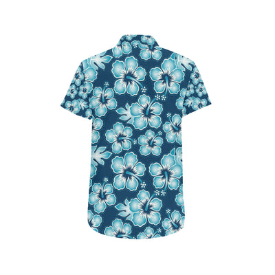 Blue Hibiscus Pattern Print Design HB011 Men's Short Sleeve Button Up Shirt