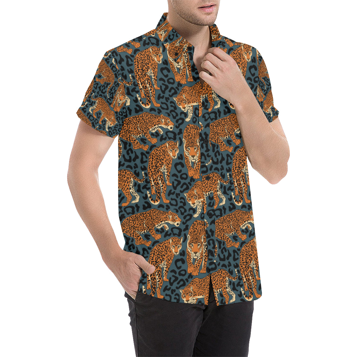 Jaguar Pattern Print Design 04 Men's Short Sleeve Button Up Shirt
