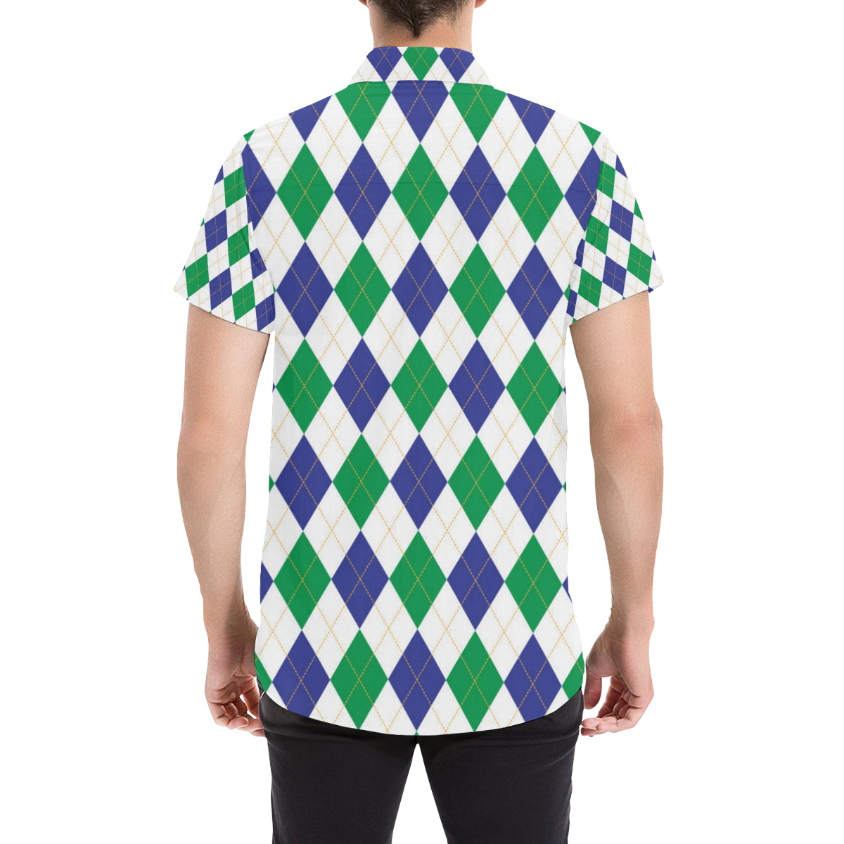 Argyle Green Blue Pattern Print Design 03 Men's Short Sleeve Button Up Shirt