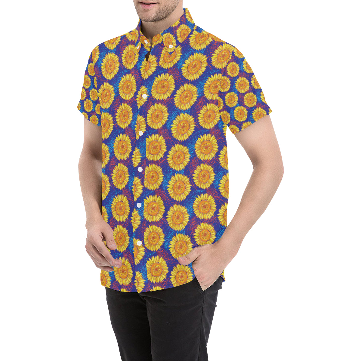 Sunflower Hand Drawn Style Print Men's Short Sleeve Button Up Shirt