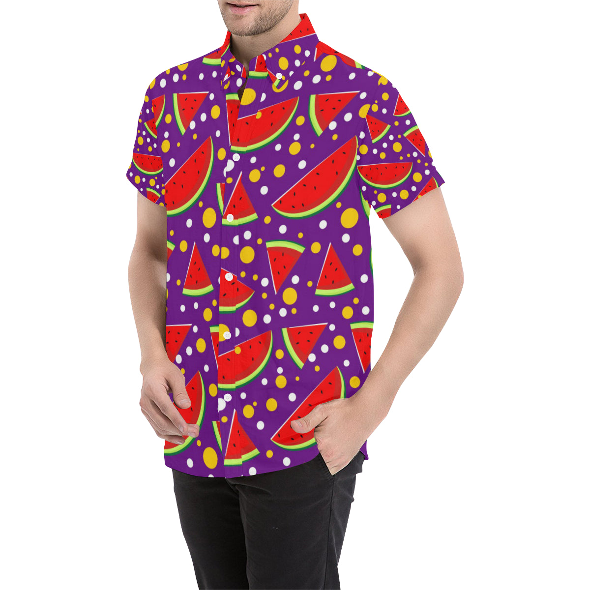 Watermelon Pattern Print Design WM010 Men's Short Sleeve Button Up Shirt