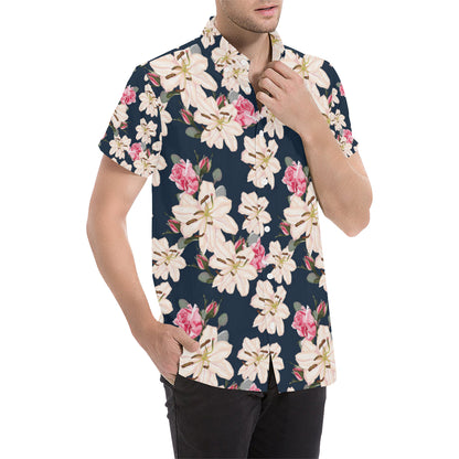 Lily Pattern Print Design LY04 Men's Short Sleeve Button Up Shirt