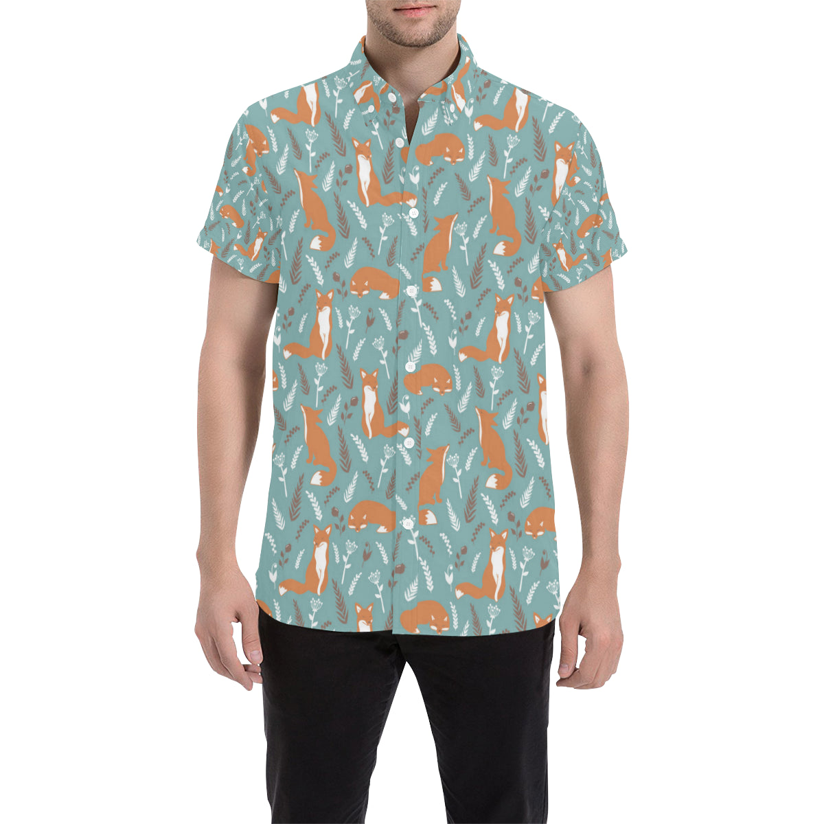 Fox Forest Print Pattern Men's Short Sleeve Button Up Shirt