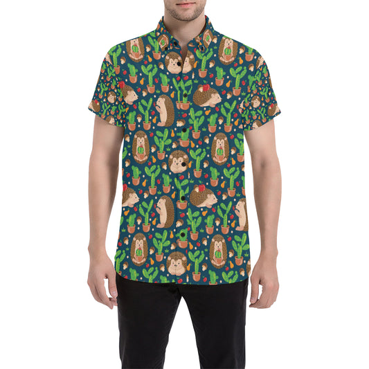 Hedgehog Cactus Pattern Print Design 04 Men's Short Sleeve Button Up Shirt