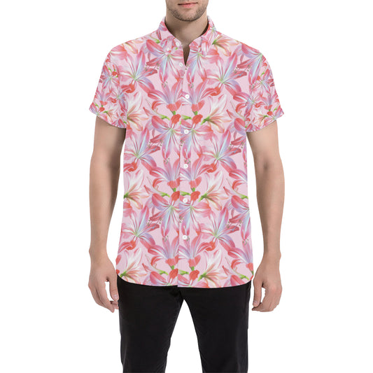 Amaryllis Pattern Print Design 02 Men's Short Sleeve Button Up Shirt