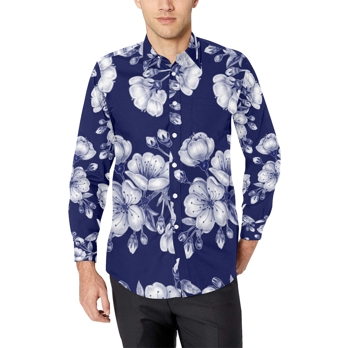 Cherry Blossom Pattern Print Design CB01 Men's Long Sleeve Shirt