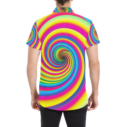 Vortex Twist Swirl Rainbow Design Men's Short Sleeve Button Up Shirt