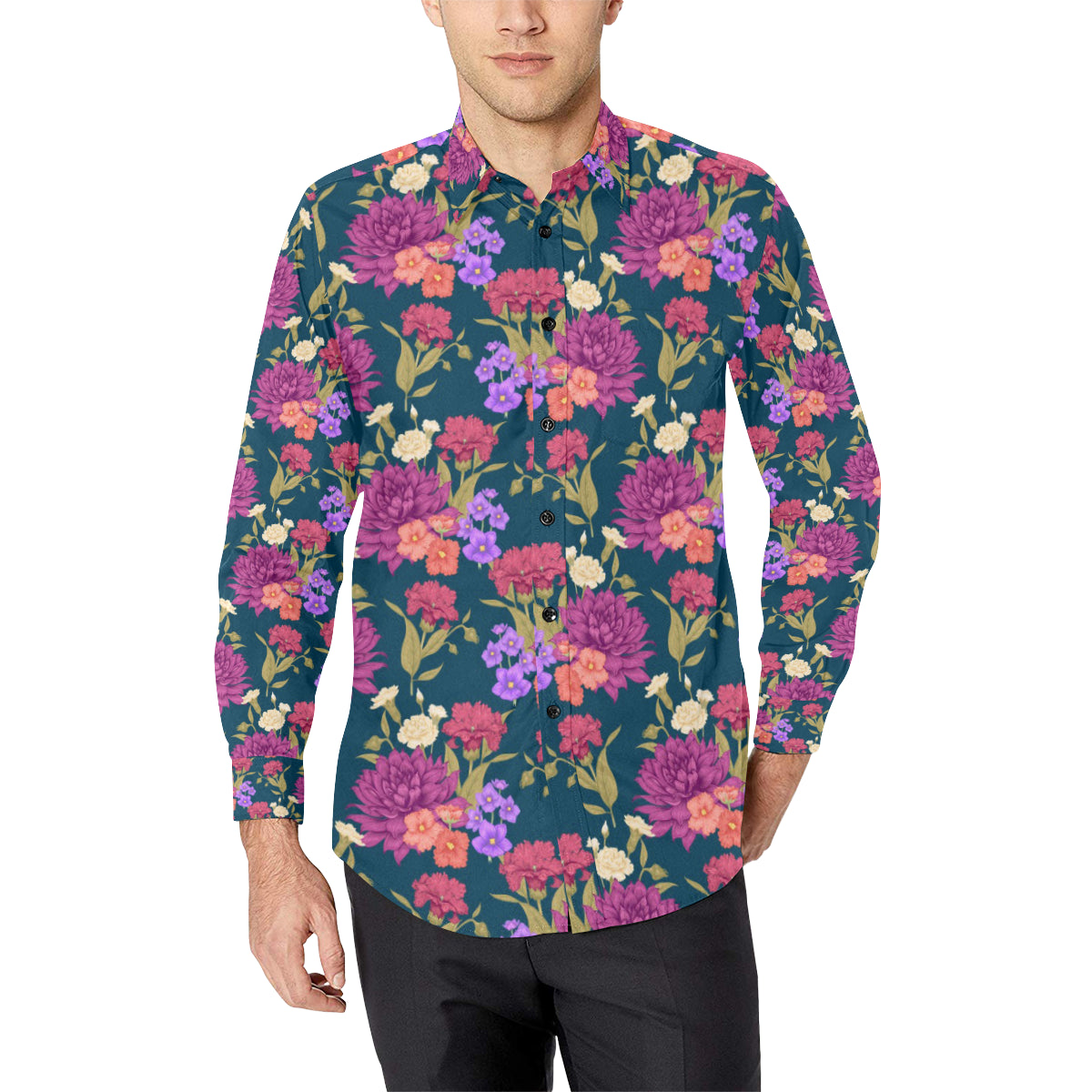 Dahlia Pattern Print Design DH01 Men's Long Sleeve Shirt