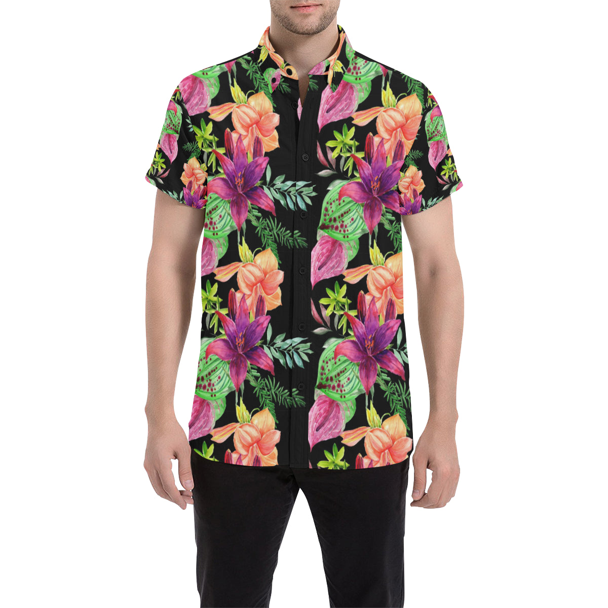 Amaryllis Pattern Print Design AL09 Men's Short Sleeve Button Up Shirt