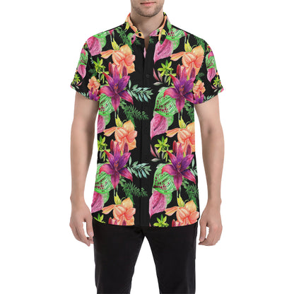 Amaryllis Pattern Print Design AL09 Men's Short Sleeve Button Up Shirt