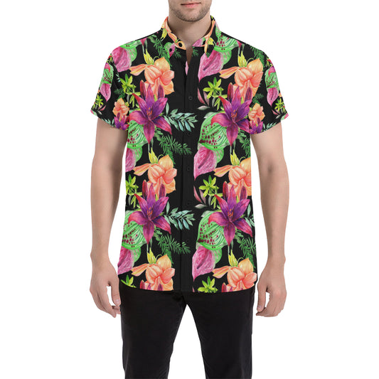 Amaryllis Pattern Print Design AL09 Men's Short Sleeve Button Up Shirt