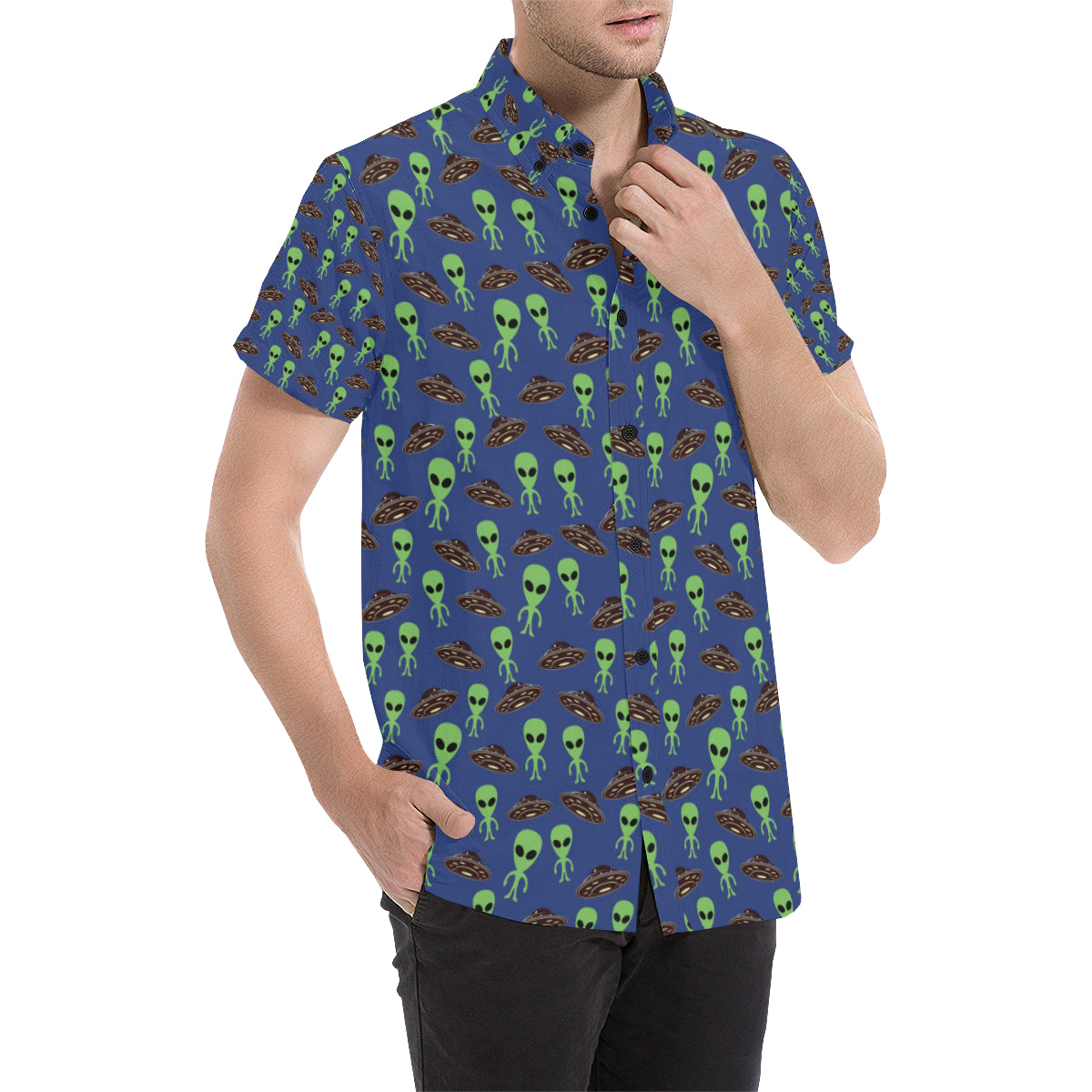 Alien Green UFO Pattern Men's Short Sleeve Button Up Shirt