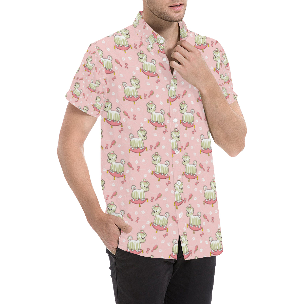 Bichons Frise Pattern Print Design 01 Men's Short Sleeve Button Up Shirt