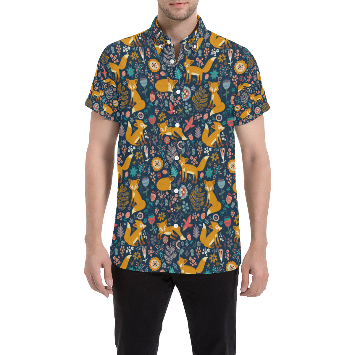 Fox Cute Jungle Print Pattern Men's Short Sleeve Button Up Shirt