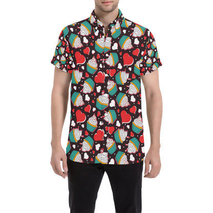 Cupcakes Heart Print Pattern Men's Short Sleeve Button Up Shirt
