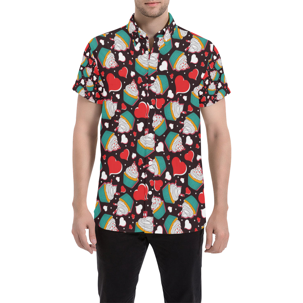 Cupcakes Heart Print Pattern Men's Short Sleeve Button Up Shirt