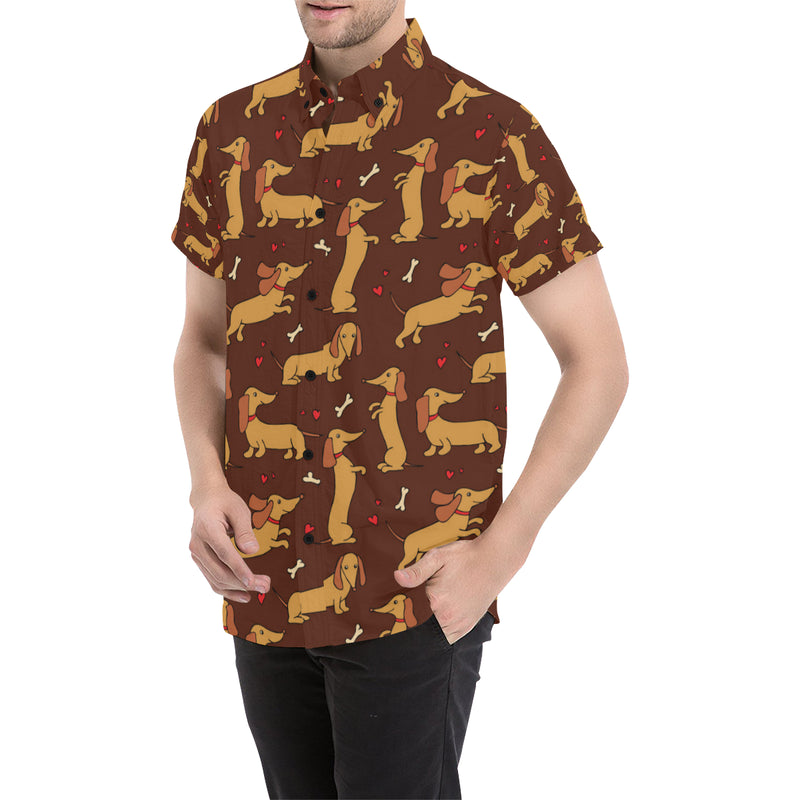 Dachshund Happy Print Pattern Men's Short Sleeve Button Up Shirt