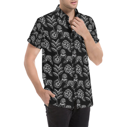 Camellia Pattern Print Design 02 Men's Short Sleeve Button Up Shirt