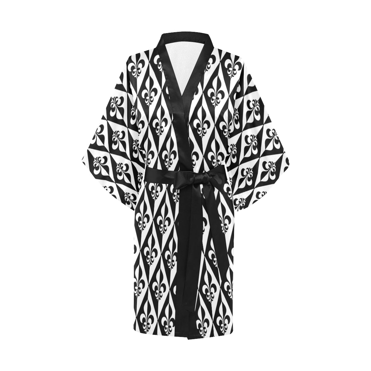 Fleur De Lis Black White Pattern Print Design 02 Women's Short Kimono