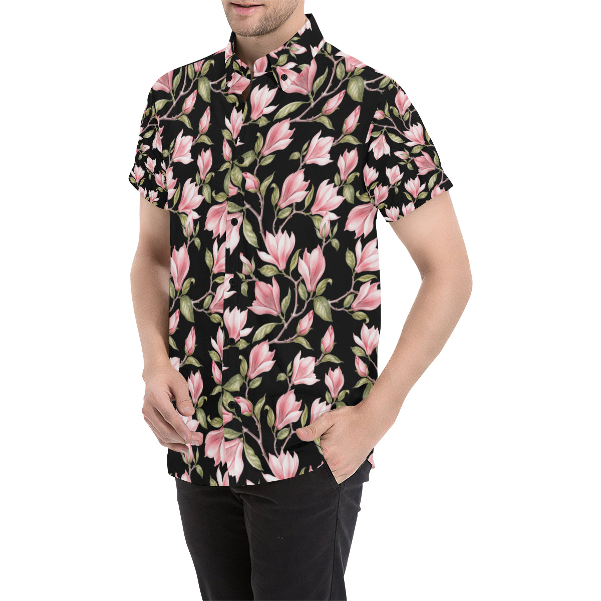 Magnolia Pattern Print Design MAG03 Men's Short Sleeve Button Up Shirt