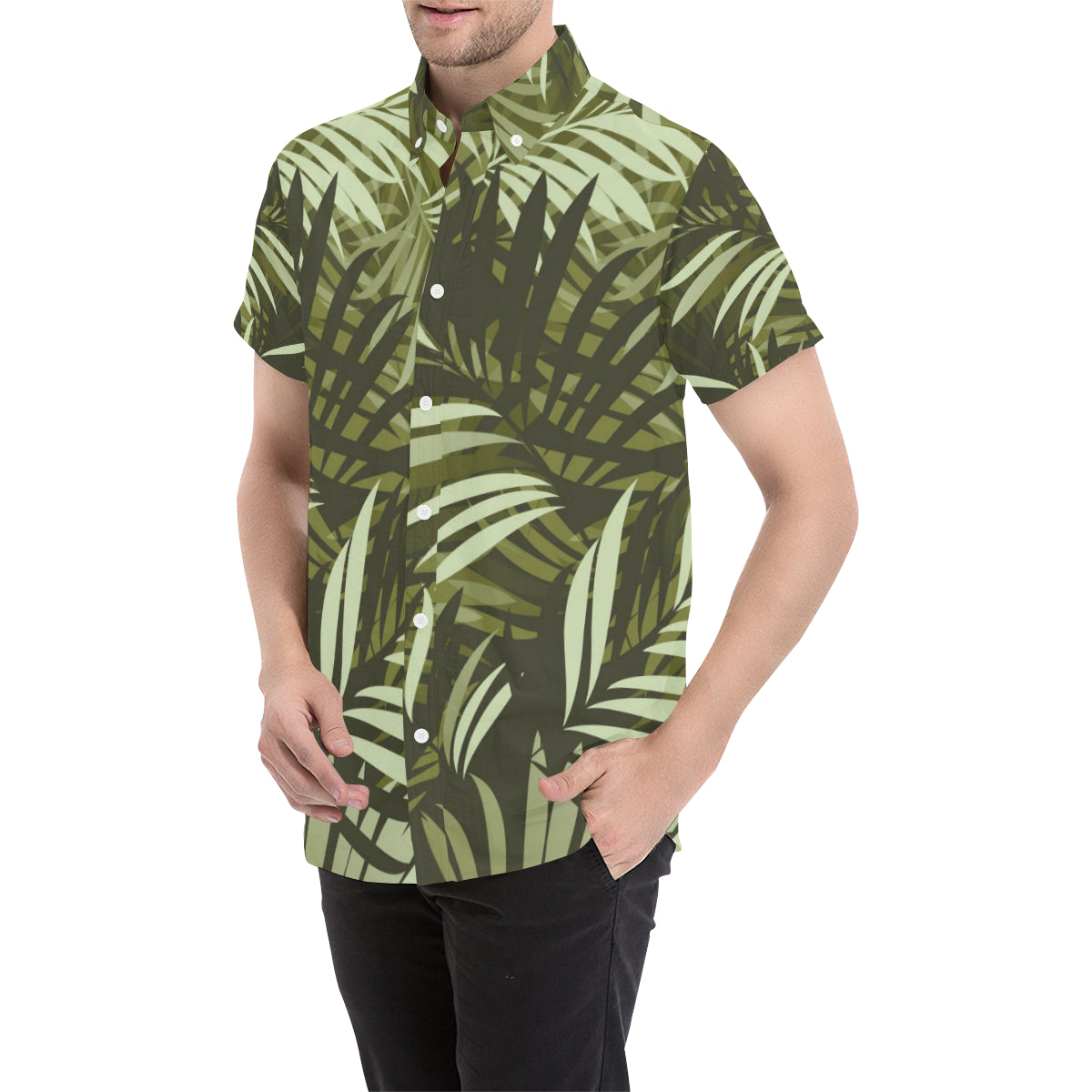 Palm Leaves Pattern Print Design PL05 Men's Short Sleeve Button Up Shirt