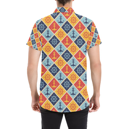 Nautical Pattern Design Themed Print Men's Short Sleeve Button Up Shirt