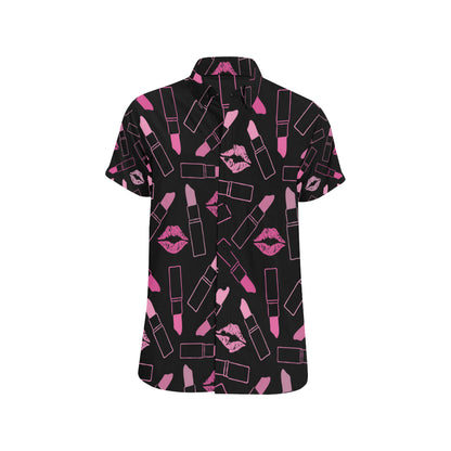Lipstick Pink Pattern Print Design 01 Men's Short Sleeve Button Up Shirt