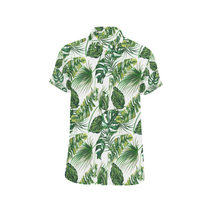 Green Pattern Tropical Palm Leaves Men's Short Sleeve Button Up Shirt