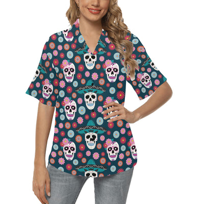 Sugar Skull Print Design LKS308 Women's Hawaiian Shirt